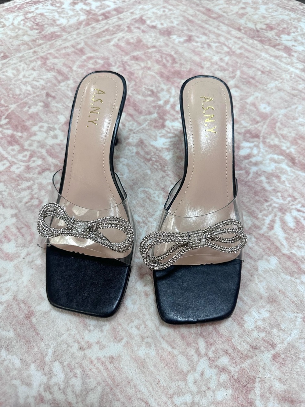 NEW 🖤 Y2K Crystal Bow Clear Strap Slip On Heels - Picture 2 of 9